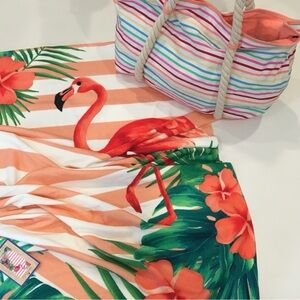 Flamingo Beach Towel & Striped Tote Bag Set